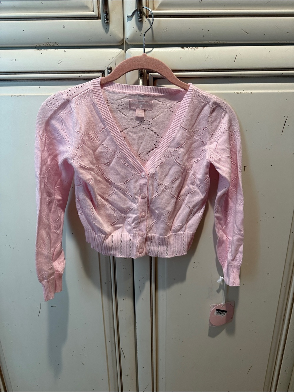 LoveShackFancy Light Pink Eyelet Knit Cardigan Top